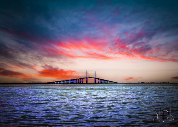 Sunshine Skyway Bridge Tampa Florida Sunset Photo Landmark Modern