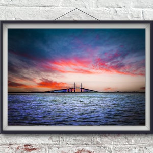 Sunshine Skyway Bridge Tampa Florida Sunset Photo Landmark Modern Photo Wall Art, Gift for men & women for Birthday or Christmas Home Office