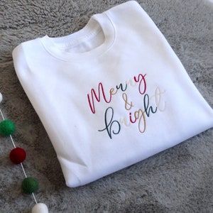 Merry and Bright, Embroidered Adults Sweater, Christmas Jumper for ladies, Christmas day outfit, Christmas jumper Day