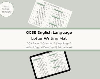 Tapete de escritura de cartas de inglés para GCSE / AQA, examen 2, pregunta 5 / Revisión de escritura transaccional / PDF imprimible / Descarga digital