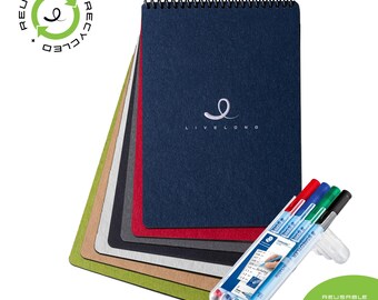 A5+4PENS. Livelong Reusable Notebook + 4 Pens. Horizontal Spiral. 100% Recycled Eco-Friendly Sustainable. Various Cover Colors, Page Layouts