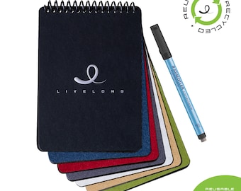 A6+PEN. Livelong Reusable Notebook + Pen. Horizontal Spiral. 100% Recycled Eco-Friendly Sustainable. Various Cover Colors, Page Layouts