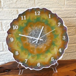 Geode Resin Wall/Desk Clock 13&quot; green, yellow, orange, purple