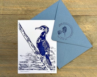 Handtryckt linosnittskort Cormorant