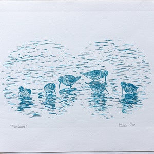 Original linocut print – Redshanks – blue-green