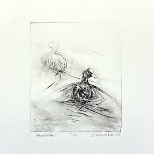 May include: A black and white etching on paper depicting two coots swimming in water. The artwork features the title "Meerkoeten", the edition number 5/10, and the artist signature "Y. Schoenmakers '26" inscribed in pencil at the bottom.
