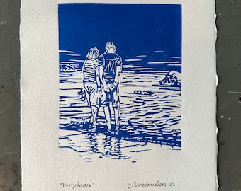 Pootjebaden (‘toe dipping’) - original linocut