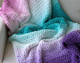 Pink, Green, Purple Ombre Crochet Chenille Blanket