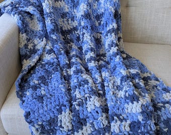 Blue and Gray Crochet Chenille Blanket