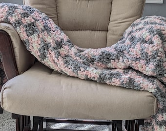 Pink, Gray, White Crochet Chenille Blanket
