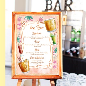 de menu de boissons florales colorées | Menu modifiable pour le bar et les cocktails | Enseigne de boisson imprimable dessinée à la main | Design ondulé