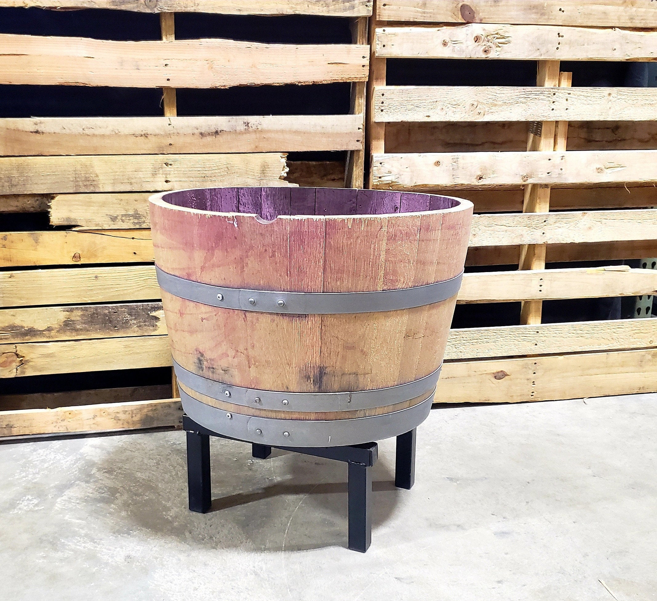 Wine Barrel Planter With Raised Metal Stand Etsy