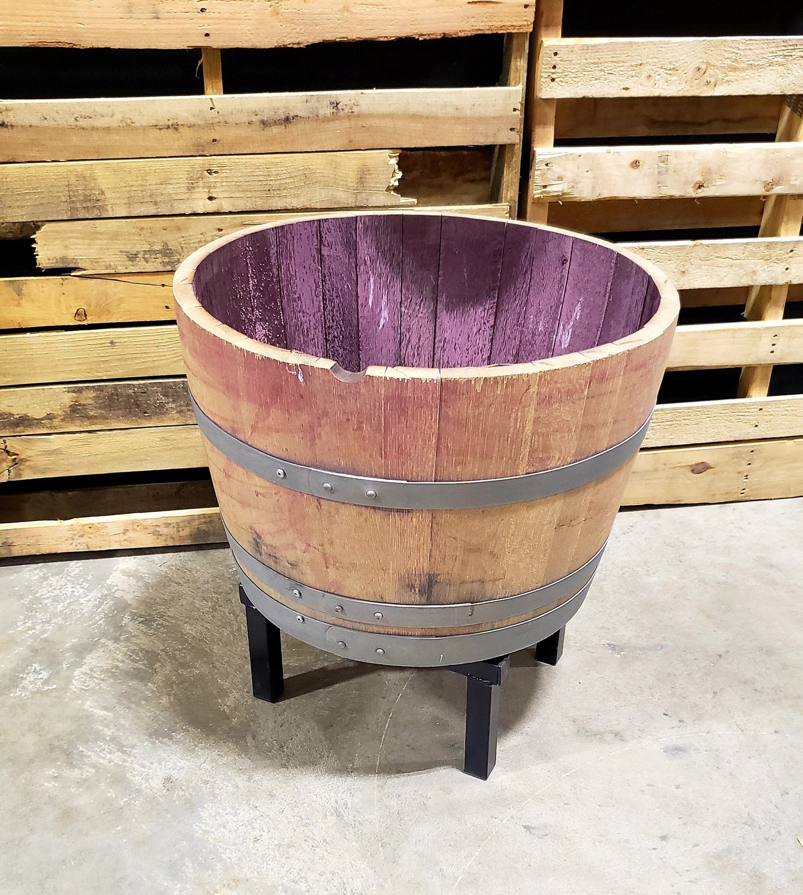 Wine Barrel Planter With Raised Metal Stand Etsy