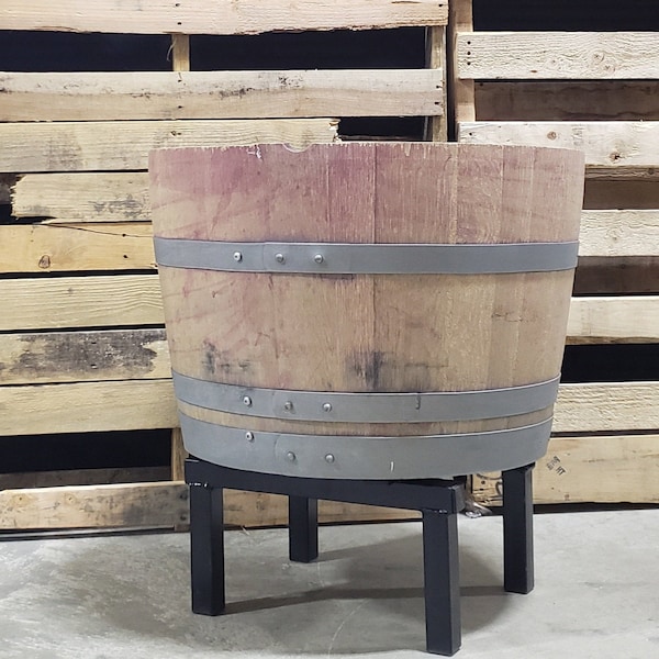 Wine Barrel Planter with Raised Metal Stand