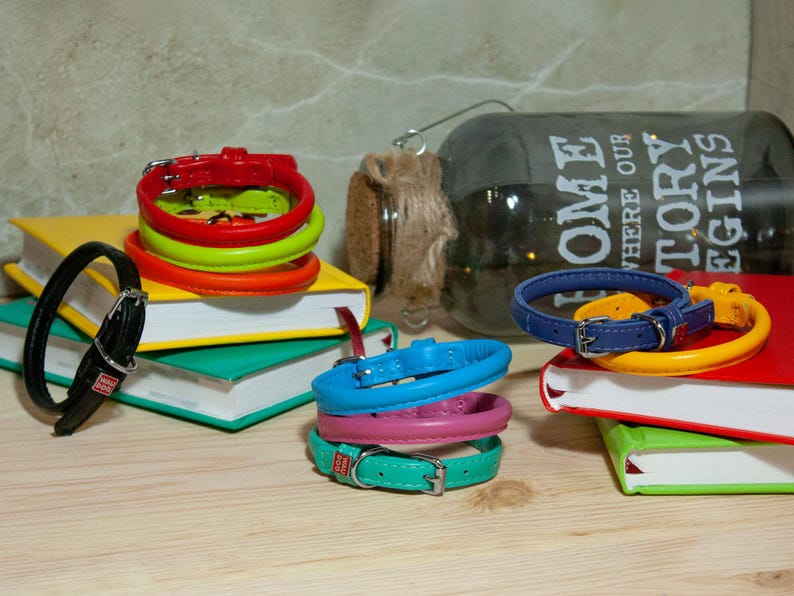 May include: A collection of colourful leather collars with metal buckles and small rectangular tags. The collars are available in red, lime green, orange, black, blue, pink, and turquoise, arranged in stacks on top of several stacked books.
