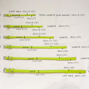 May include: Six neon yellow collars in sizes 2XS to XL, each featuring a metal buckle and D-ring. The image includes text labels for each size, indicating widths from 0.6 cm to 1.3 cm and total lengths ranging from 23 cm to 57 cm for each item.