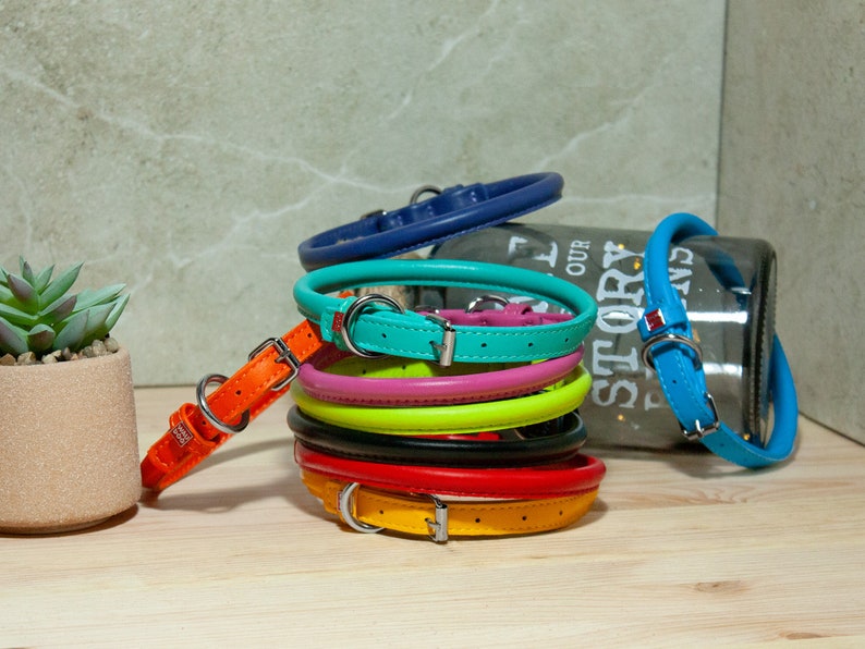 May include: A stack of colorful leather dog collars in orange, pink, green, black, red, and yellow. The collars are arranged in a circle with the orange collar on the bottom and the yellow collar on the top. The collars are all made of leather and have a silver buckle. The collars are on a wooden surface. The text on the glass bottle reads 'Our Story'.