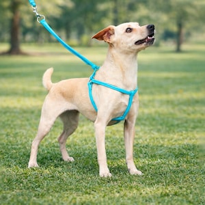 May include: A light brown dog wearing a turquoise harness and lead stands on grass, gazing upwards. The dog is in a park with trees in the background. The harness is a simple design, and the lead is attached at the top.