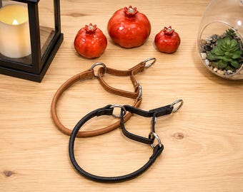 May include: Two slip collars for pets, one in tan and one in black, each featuring a rounded strap design with silver-toned metal rings for adjustment and attachment. The collars are constructed with visible stitching along the edges.