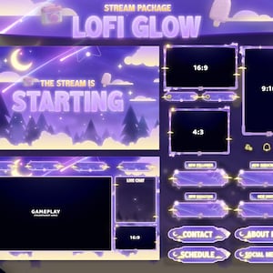 May include: Purple and yellow Twitch stream overlay with a night sky theme. The overlay includes a title card that says "The stream is starting", a gameplay section, a live chat section, and various other sections for new followers, new subscribers, new donations, and new hosts. The overlay also includes sections for contact, schedule, about me, and social media.