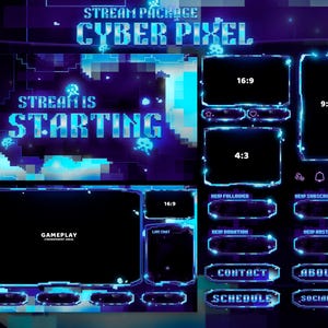 May include: A digital streaming overlay package with a cyber pixel theme. The design features a dark blue and purple color scheme with glowing cyan accents. Includes gameplay, live chat, and social media elements. Text includes "Stream Package Cyber Pixel" and "Stream is Starting".
