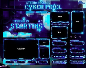 Cyber Pixel - Twitch Overlay - Animated Alerts - Animated Screens - Pixel Art - Stream Pack - 8-bit - Blue - Retro - Arcade - Byte - Digital