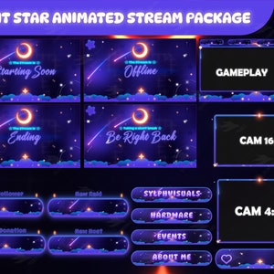 Stream Package Night Star - Twitch Overlay - Alertas animadas - Pantallas animadas - Paneles - Dreamy Sky - Lofi - Starry Sky - Purple