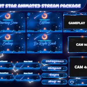 Paquete de transmisión Estrella Nocturna Azul - Superposición de Twitch - Alertas animadas - Pantallas animadas - Paneles - Cielo de ensueño - Lofi - Cielo estrellado - Azul
