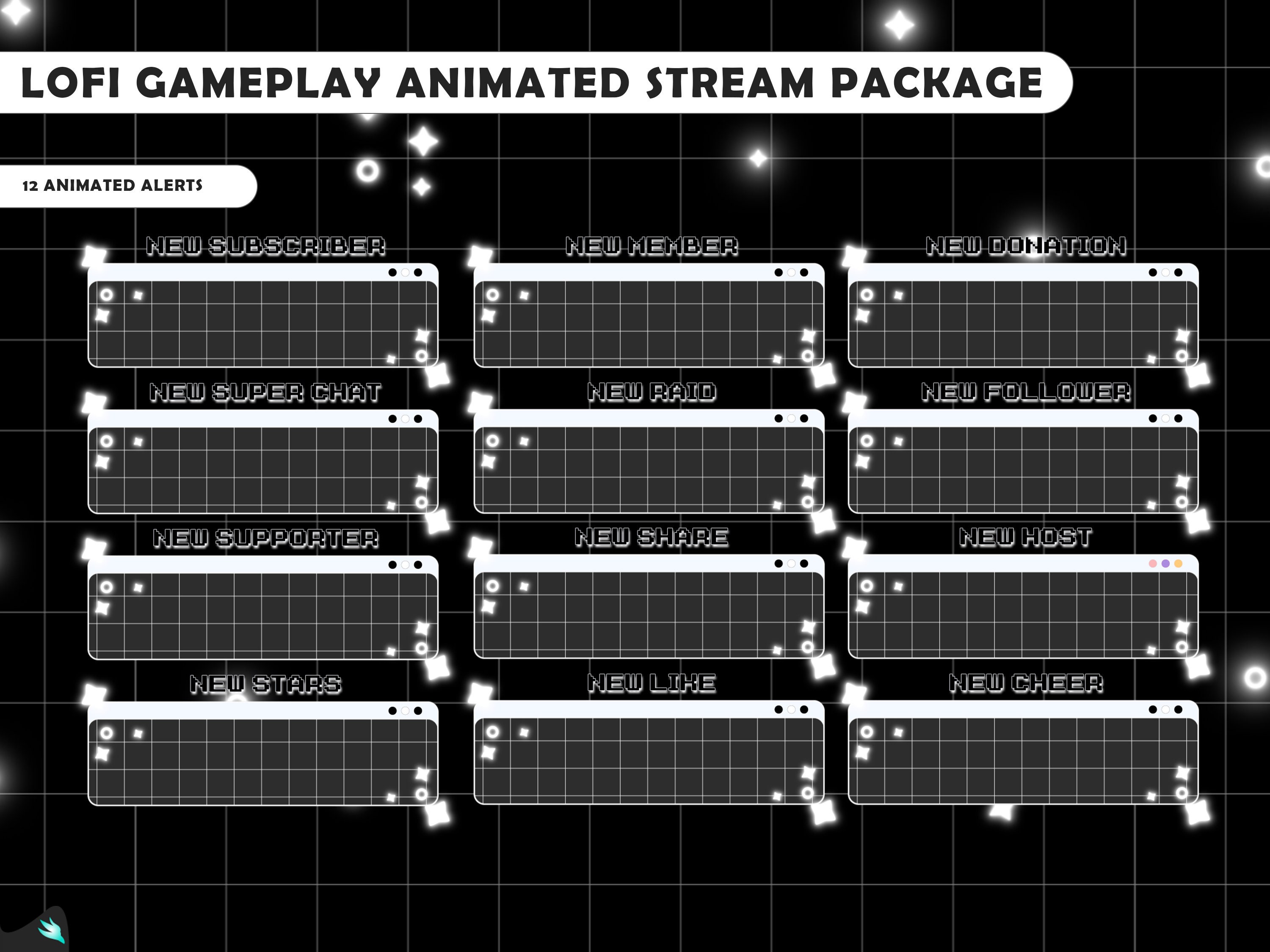 Sobreposição Twitch - Jogabilidade Lofi - Alertas de transmissão - Animado - Modo escuro - Preto / Branco