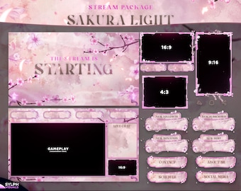 May include: A digital stream package titled "Sakura Light" with a pink and white floral theme. The design includes various overlay elements such as gameplay screens, chat boxes, and notification alerts, all adorned with cherry blossom imagery. The text "The Stream is Starting" is visible.