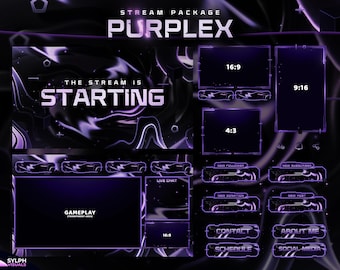 Purplex – Twitch-Overlay – Animierte Benachrichtigungen – Animierte Bildschirme – Lila Overlay – Stream-Paket – FPS-Overlay – Panels – E-Sport – Abstrakt