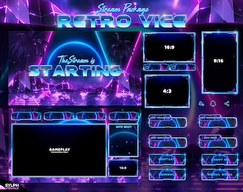 Retro Vice - Superposición de Twitch - Alertas animadas - Pantallas animadas - Superposición de neón - Paquete de transmisión - Retro - Estético - Brillo - Años 80 - Disco