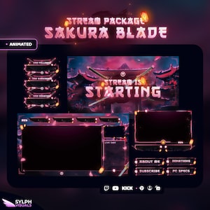 Sakura Blade - Superposición de Twitch - Alertas animadas - Pantallas animadas - Superposición rosa - Paquete de transmisión - Superposición de flor - Paneles - Templo - Sakura