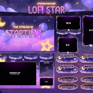 May include: A purple and blue Twitch stream overlay with a starry night sky theme. The overlay includes a starting screen, gameplay screen, live chat, new follower, new subscriber, new donation, new host, contact, schedule, and about me panels. The text "LOFI STAR" is at the top of the overlay.