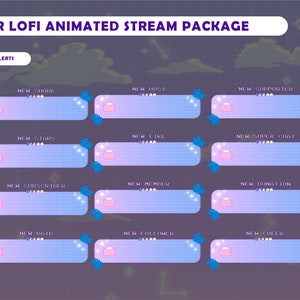 May include: A set of 12 animated stream alerts with a lunar lo-fi theme. The alerts are in a pastel pink and blue color scheme with a grid pattern and white stars. The text on the alerts includes "New Host", "New Supporter", "New Share", "New Stars", "New Like", "New Super Chat", "New Subscriber", "New Member", "New Donation", "New Raid", "New Follower", and "New Cheer".