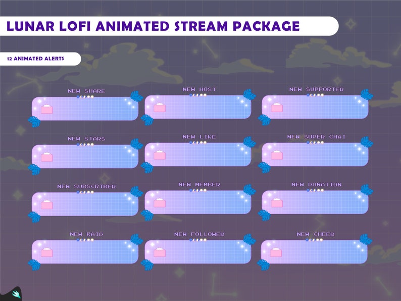 May include: A set of 12 animated stream alerts with a lunar lo-fi theme. The alerts are in a pastel pink and blue color scheme with a grid pattern and white stars. The text on the alerts includes "New Host", "New Supporter", "New Share", "New Stars", "New Like", "New Super Chat", "New Subscriber", "New Member", "New Donation", "New Raid", "New Follower", and "New Cheer".