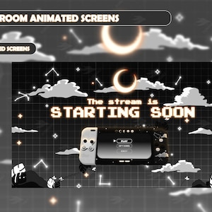 Twitch Overlay - Lunar Lofi - Dark Mode - Bildschirme animiert - Ästhetik - Retro Gamer - Schwarz-Weiß