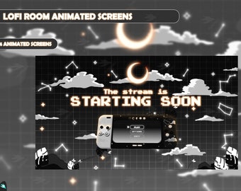 Twitch Overlay - Lunar Lofi - Dark Mode - Bildschirme animiert - Ästhetik - Retro Gamer - Schwarz-Weiß