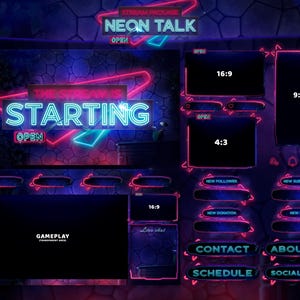 Könnte beinhalten: Digitales Stream-Paket mit Neon-Thema. Das Design zeigt einen dunklen Hintergrund mit neonpinken und blauen Akzenten. Der Text enthält "NEON TALK", "THE STREAM IS STARTING" und verschiedene Beschriftungen für Gameplay, Chat und soziale Medien.