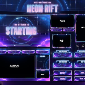 Puede incluir: Una superposición de transmisión de Twitch azul y púrpura neón con el texto "NEON RIFT" y "THE STREAM IS STARTING". La superposición incluye varias secciones para el juego, el chat en vivo, un nuevo seguidor, un nuevo suscriptor, una nueva donación, un nuevo anfitrión, contacto, programación y redes sociales.