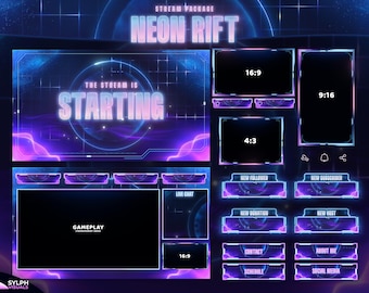 May include: A neon blue and purple Twitch stream overlay with the text "NEON RIFT" and "THE STREAM IS STARTING". The overlay includes various sections for gameplay, live chat, new follower, new subscriber, new donation, new host, contact, schedule, and social media.