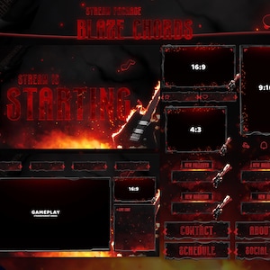 Acordes de Blaze - Sobreposição de Twitch - Alertas animados - Telas animadas - Sobreposição vermelha - Pacote de transmissão - Guitarra - Vermelho escuro - Abstrato - Sombras
