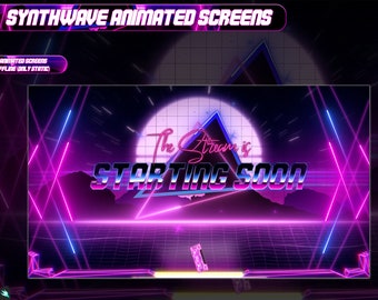 May include: A retro-style animated screen with a pink and blue neon grid, a moon, and the text "The Stream is STARTING SOON".