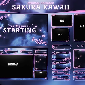 Stream Package Sakura Kawaii - Twitch Overlay -  Animated Alerts - Animated Screens  - Panels - Cherry Blossom - Aesthetic - Pink