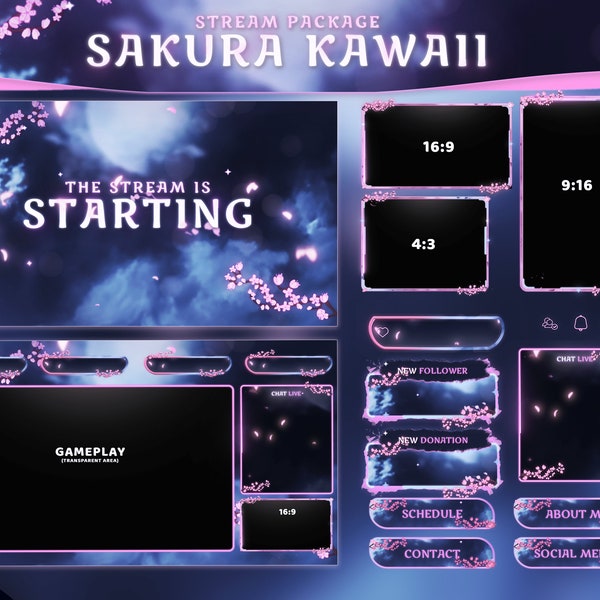 Stream Package Sakura Kawaii - Superposition Twitch - Alertes animées - Écrans animés - Panneaux - Fleur de cerisier - Esthétique - Rose