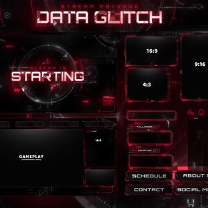 Stream Package Data Glitch - Twitch Overlay -  Animated Alerts - Animated Screens  - Panels - Red Overlay  - Clean - Black & White