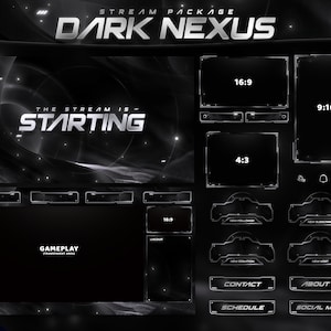 Dark Nexus - Superposición de Twitch - Alertas animadas - Pantallas animadas - Superposición oscura - Paquete de transmisión - Blanco y negro - Oscuro - Paneles - Resumen -