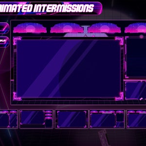 May include: Digital overlay design with a retro-futuristic aesthetic. The design features a large central screen, smaller screens, and decorative elements in shades of purple and pink. Text at the top reads "6 ANIMATED INTERMISSIONS".