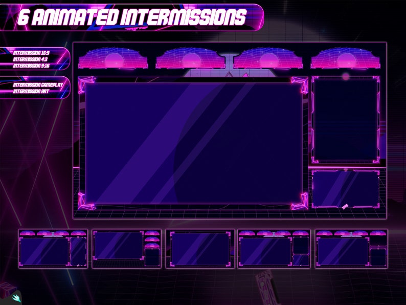 May include: Digital overlay design with a retro-futuristic aesthetic. The design features a large central screen, smaller screens, and decorative elements in shades of purple and pink. Text at the top reads "6 ANIMATED INTERMISSIONS".