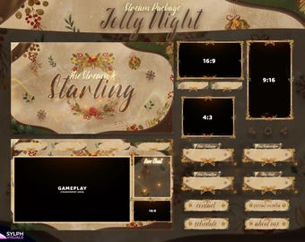 May include: A Christmas-themed Twitch stream overlay package with a brown and gold color scheme. The overlay includes a title card, a gameplay screen, a live chat window, and several other panels for displaying information such as new followers, new subscribers, and donations.